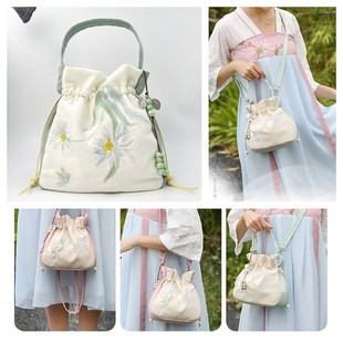 刺绣斜挎包汉服古装 包大容量w抽绳手提水桶包文艺流苏国风棋袍包