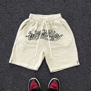 阔腿高B级感复古脏杏色设计感字母5分裤 450克做旧抓毛 重磅短裤