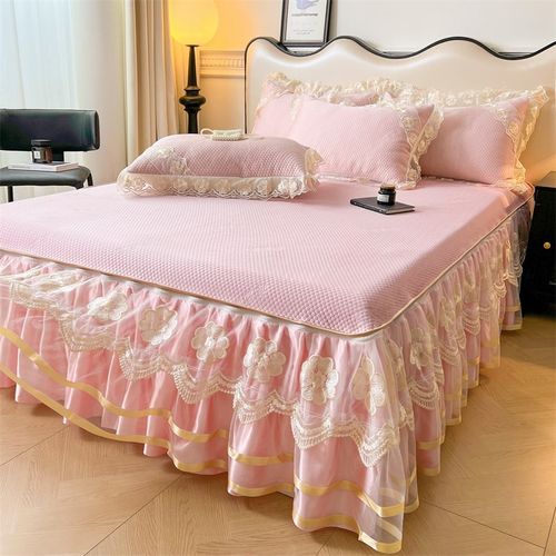 冰丝凉席三件套韩式公主风u夏季床裙款席子加厚夹棉床罩可机洗软