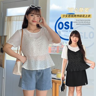 雪纺上衣32096 胖mm春夏减龄o假两件吊带碎花t恤遮肉短袖 大码 女装