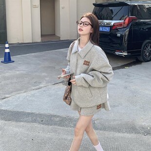 美式休闲套装裙女字母翻领卫衣外套春季松K紧腰半身裙灰色两件套
