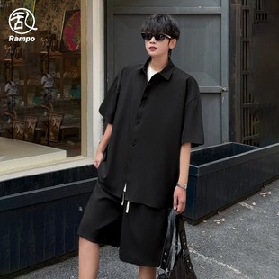 套装 衬衫 男薄款 速干五分袖 睡 夏季 衬衣宽松休闲短裤 冰丝垂感g短袖