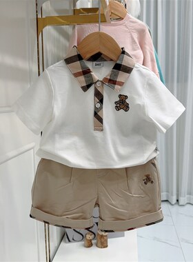 韩国童装 24夏男宝格子翻领白色短袖FT恤上衣 休闲短裤套装 兄妹