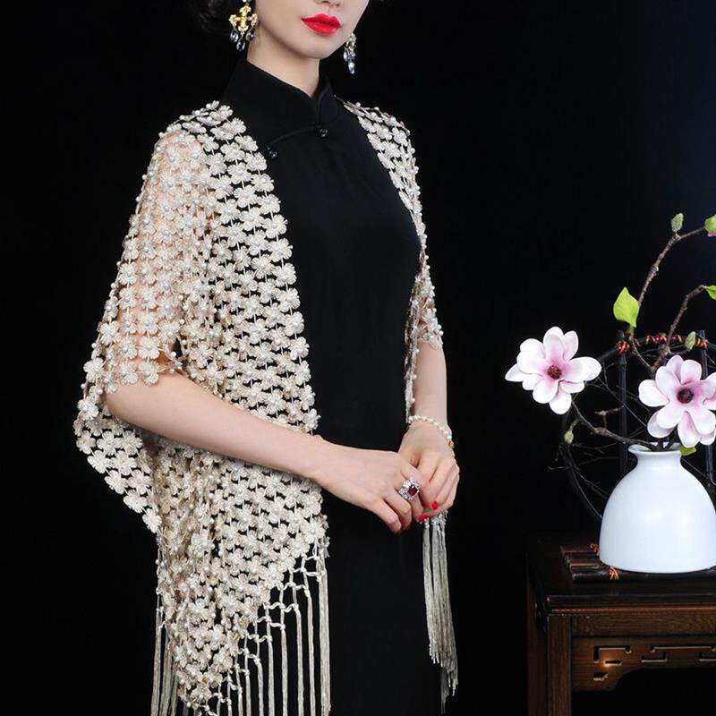 重工钉珠披肩高端纯手工配旗袍的外搭披肩镂空流苏开衫外套2024年