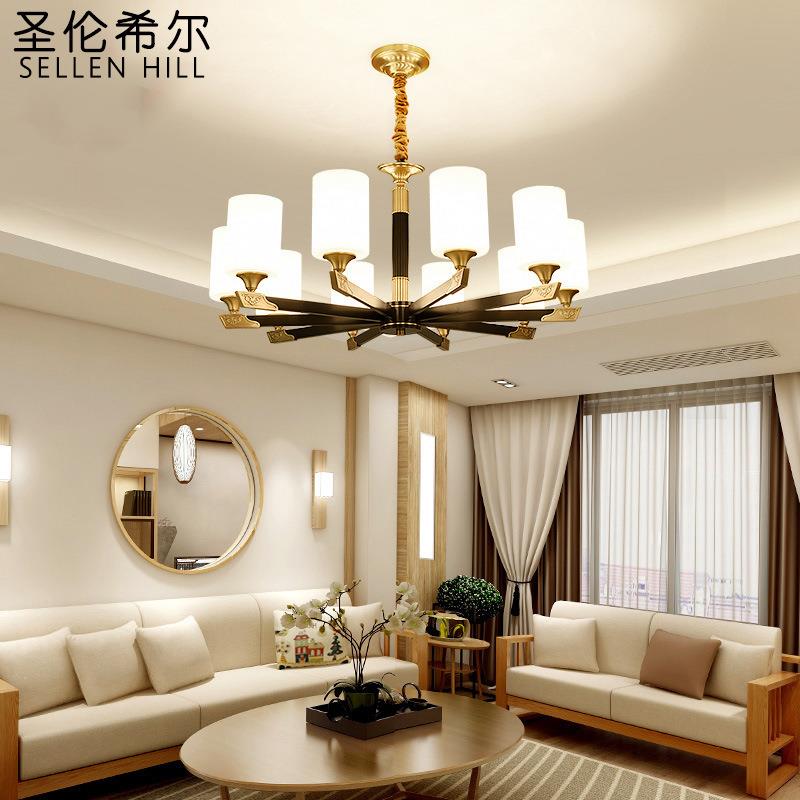 新中式吊灯简约现代客厅复古书房餐厅酒店别墅复式楼卧室全铜灯具