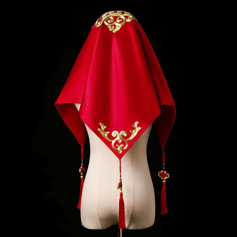 红盖头新娘结婚头纱中式秀禾服复古红色绣花缎面流苏蒙头刺绣喜帕