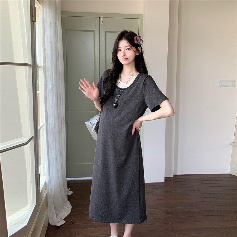 孕妇连衣裙2025新款夏装短袖孕期洋气宽松显瘦冰丝假两件夏季裙子