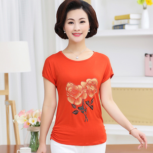 夏装 oT恤上衣中年40老人5060岁妈妈装 打底 宽松短袖 中老年人女装