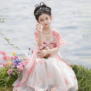 汉服女童2c025夏季 女孩粉色公主连衣裙儿童国风超仙襦裙表演 新款