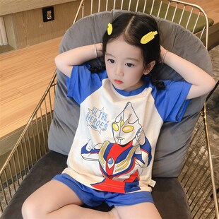 宽松洋气居家服纯棉睡衣男童女童外出服 套装 儿童卡通T恤短袖 短裤