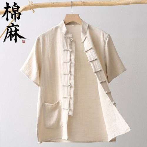 中国风夏季男士唐装薄款r棉麻短袖衬衫中式复古休闲中老年半袖夏