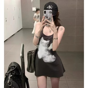 猫咪印花 中长版 大尺码 胖mm大领口绑n带两穿吊带背心女2025年夏季