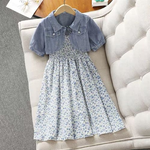 女童夏装套装裙2025新款儿童碎花吊带洋M装子女孩牛仔外套两件套