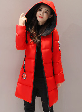 反季羽绒棉衣女中长款2021新款冬季连帽加厚修身显瘦黑色棉服外套
