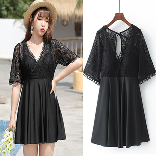 加大码 泳衣女蕾丝胖mm2r00斤连体泳裙保守温泉遮肚显瘦沙滩连衣裙