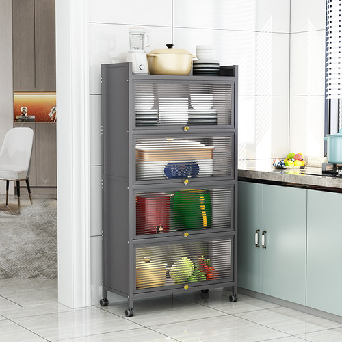 厨房置物架多层落地收纳柜子带门可移动储物柜家用碗碟碗筷收纳架