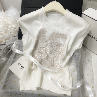 修身 2025夏季 针织背心女薄款 白色小飞r袖 显瘦毛衣内搭洋气上 韩版