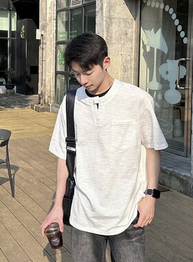 240g白色肌理纹V领短袖T恤竹节z棉男2025新款夏季宽松休闲套头上