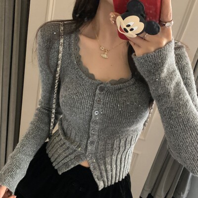 灰色蕾丝针织打底衫m女内搭修身2025秋冬季新款低领毛衣高级感上