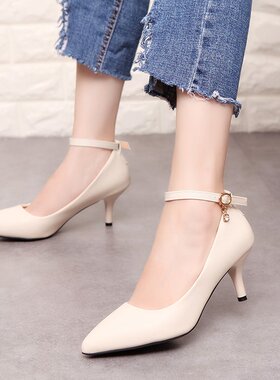 一字扣单鞋女黑色工l作鞋中跟小码34码5cm浅口尖头职业高跟鞋哑光