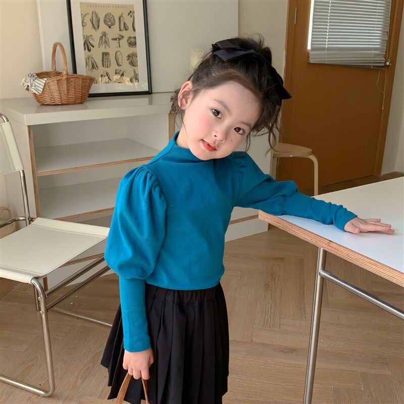 韩版女童半高领泡泡袖打r底衫2023秋季儿童纯棉长袖T恤糖果色上衣