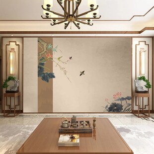 简约新中式古风花鸟壁纸淡雅电视背景墙茶室墙布书房墙纸客厅壁画