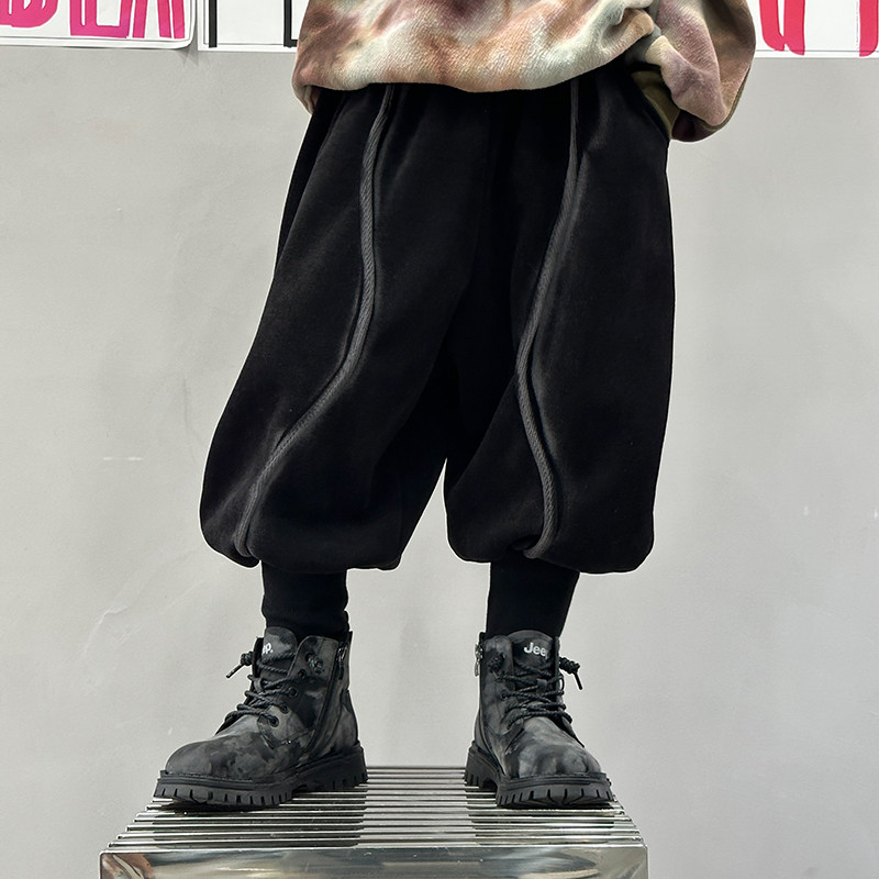 男童加绒裤子一体绒2023新款秋冬季童装儿童束脚哈伦裤灯笼裤潮酷