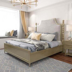 美式 雙人床1.8米小戶型復(fù)古灰色柱子實(shí)木床 輕奢床1.5米床主臥歐式