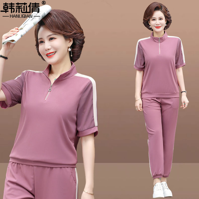 中老年女装夏装短袖雪纺套装大码中年妈妈装洋气质减龄宽松两件套