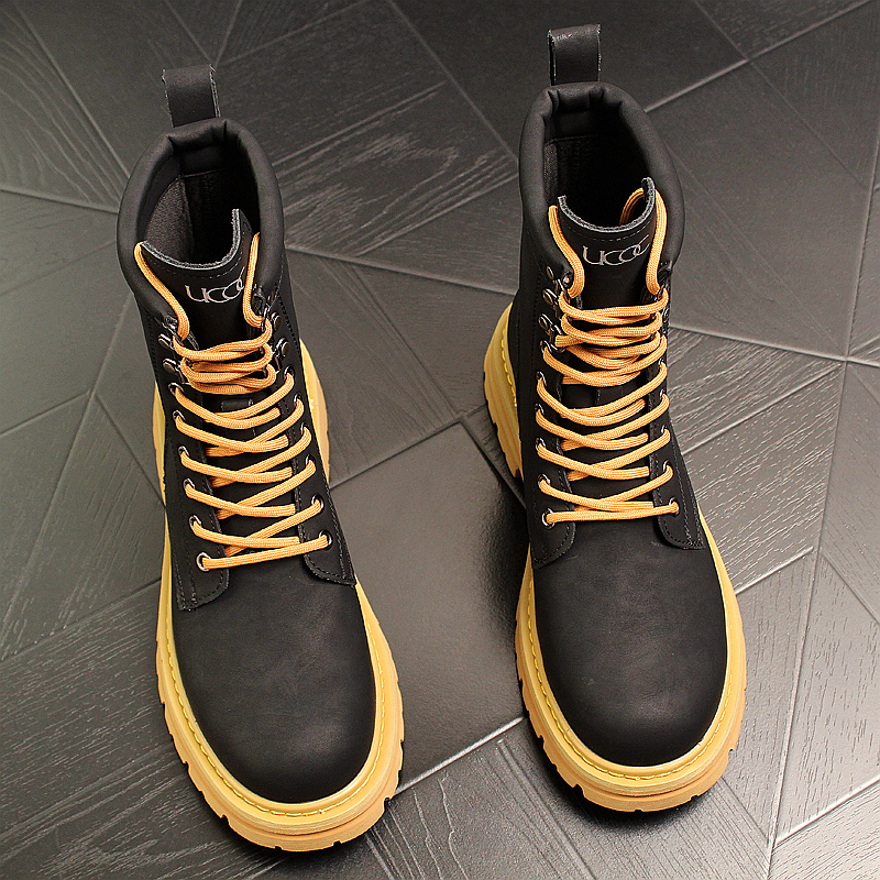 高筒马丁靴男工装靴子2023新款春秋交叉绑带机车机车靴潮工作靴