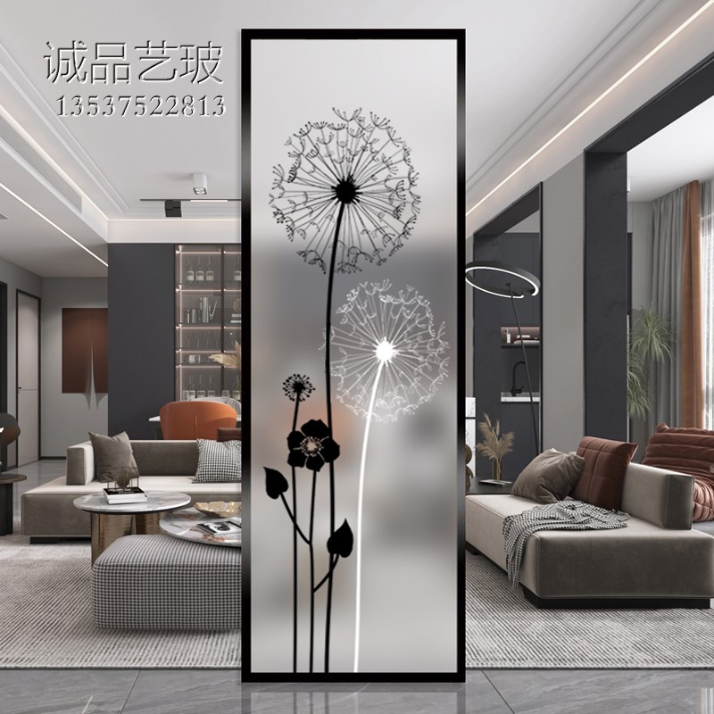 艺术玻璃定制钢化新款屏风客厅玄关磨砂透光彩绘双面2022年蒲公英