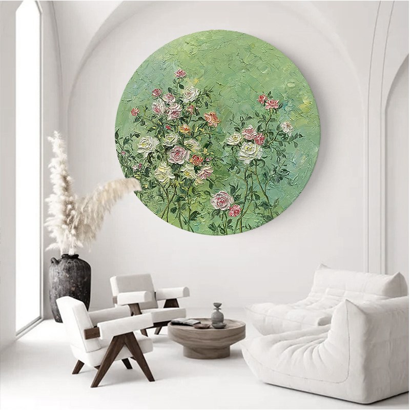 绿意盎然客厅装饰画玄关圆形抽象花卉挂画奶油风法式肌理手绘油画图片