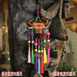 云南彝族绣牛头挂件风铃挂饰客厅民俗茶室壁挂软装布艺饰品
