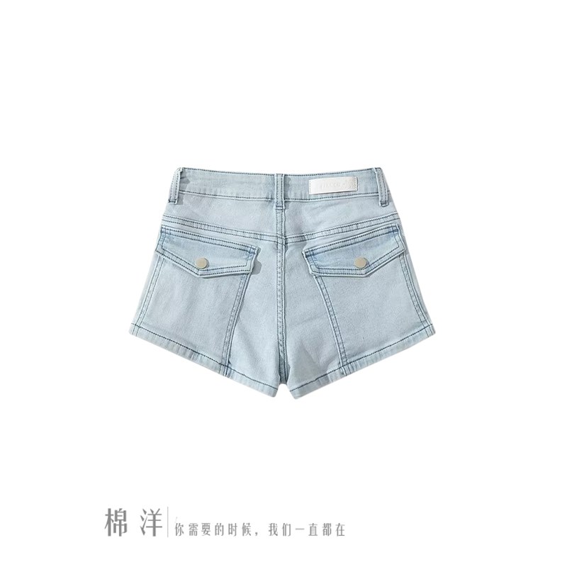 棉洋 美式复古低腰弹力牛仔短裤女 设计侧边开叉拉链辣妹港风热裤