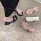 b女2024年夏季 新款 时尚 透明凉鞋 外穿粗跟厚底防水台高跟一字拖鞋