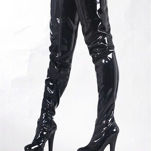 恨天高超高跟B鞋女20cm防水台过膝长靴细跟漆皮夜店大腿高筒靴大