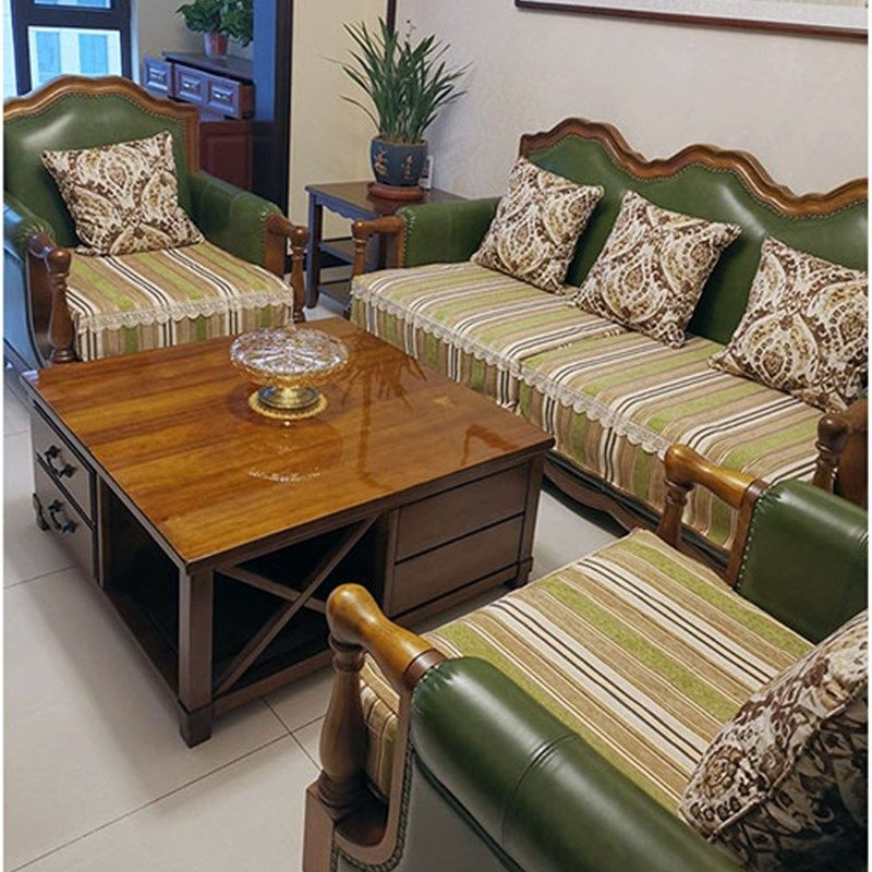 美式乡村沙发垫条纹绿色皮沙x发垫子防滑沙发巾定做沙发笠沙发套