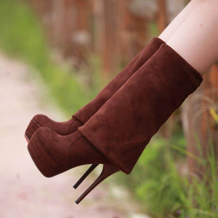 秋冬季翻折单f跟女鞋高筒过膝长靴防水台超高跟纯色简约细跟女靴