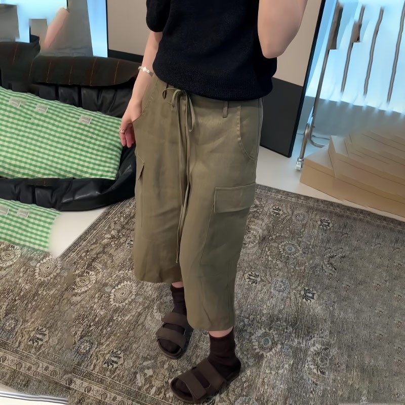 军绿色工装风七j分裤女2025夏季新款显瘦休闲简约百搭宽松阔腿裤