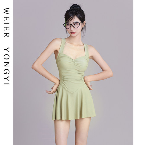 泳衣女连身裙式平角时尚少女显白保守微胖遮O肚收腰聚拢温泉游泳