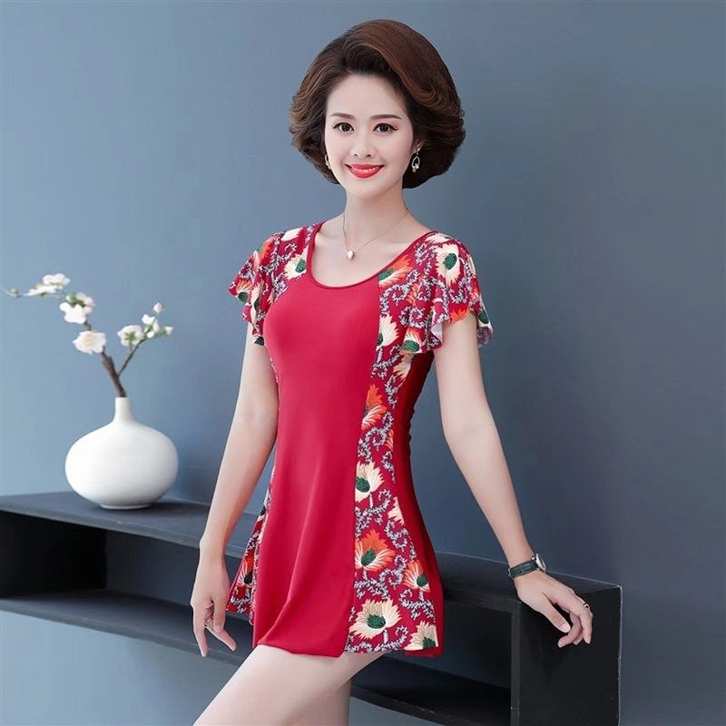 妈妈泳衣女中老年保守遮肚显x瘦裙式分体如厕大码妈妈泡温泉游泳