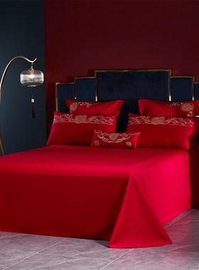 中式100支长绒棉婚庆四件套大红色龙凤刺Q绣结婚床上用品4