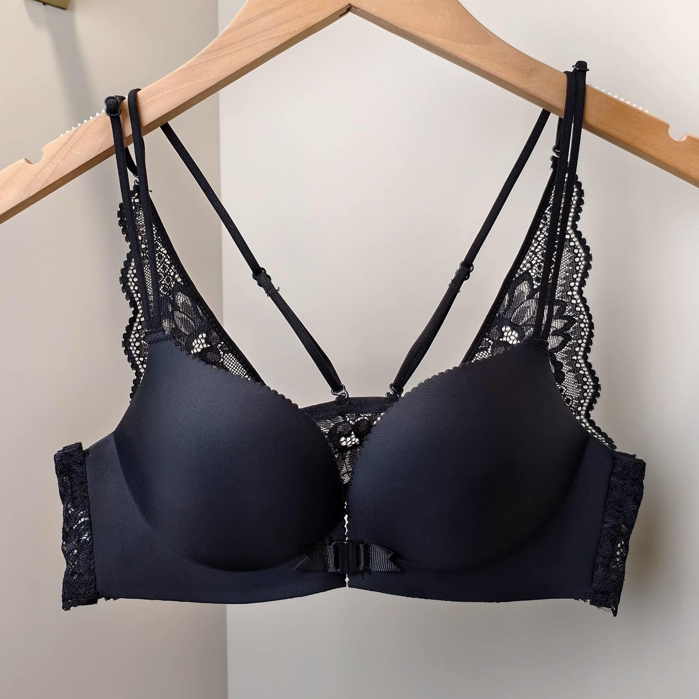 黑色豹纹前扣内衣女生小胸聚拢上托收副乳美背细带蕾丝Y无钢圈文