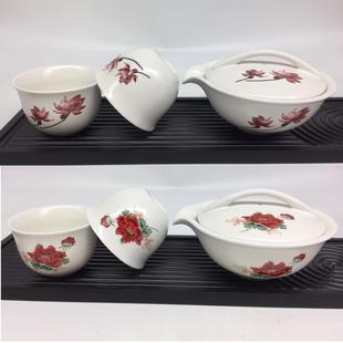 陶瓷家用富贵牡丹釉上彩扁1壶2杯组带礼盒 台湾建窑四件茶具套装