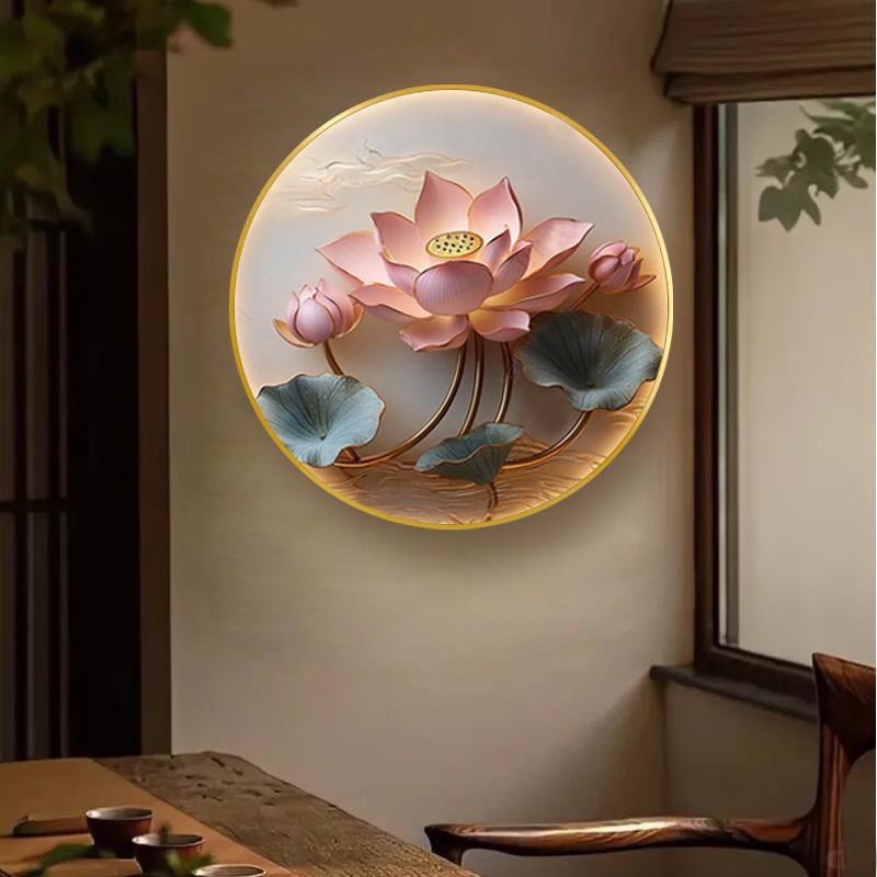 中国风荷花餐厅挂画新中式圆形玄关带灯装饰画客厅艺术LED灯壁画图片