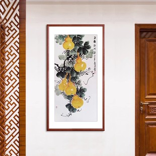 五福临门国画纯手绘中式 福禄画葫芦 玄关过道装 饰挂画客厅饭厅竖版