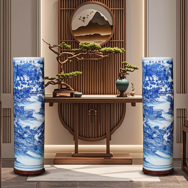 景德镇陶瓷青花瓷落地大花瓶箭筒客厅电视柜中式字画收纳缸摆件
