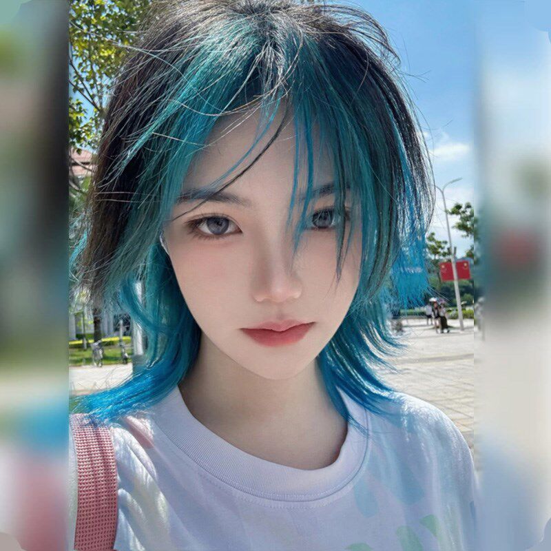 y2k假发女锁骨发网红千u禧辣妹中分碎刘海蓝色中长短直发新式发套
