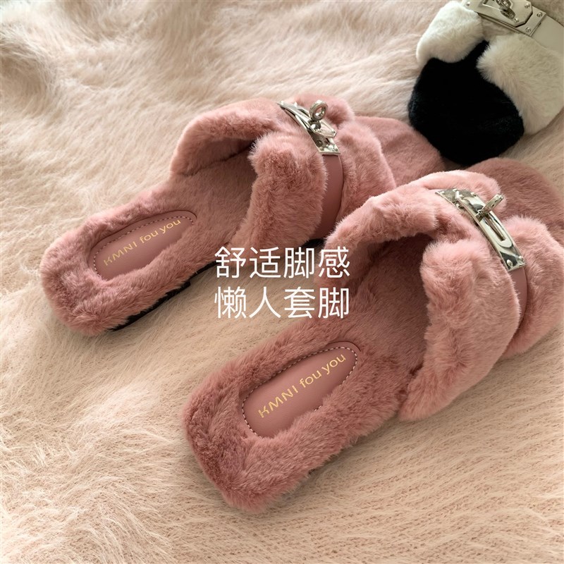 法式玫瑰粉~INS显白q温柔仙女风毛毛拖鞋秋冬网红高级感毛绒一字