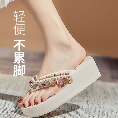 2024款夏季厚底松糕底民族风女士外F穿拖鞋耐磨防滑海边沙滩人字